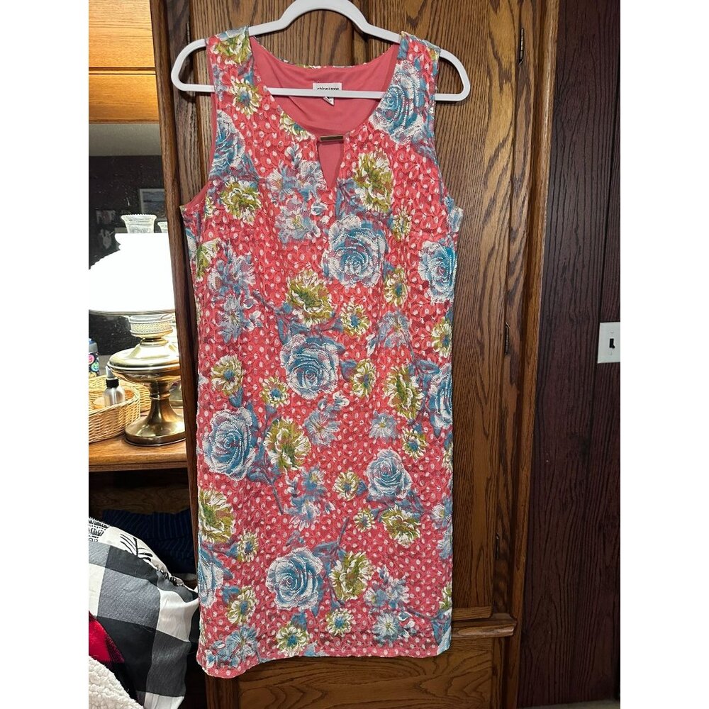 Chloe + Rene Womens XL Sleeveless Floral Print Dress Coral Blue Polyester